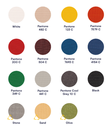 Tavolozza di colori con tutti i colori del tessuto Ecotent®: bianco, ecru, giallo, arancione, rosso, bordeaux, blu chiaro, blu scuro, verde, grigio chiaro, grigio scuro e nero, oltre a pietra, sabbia e oliva.