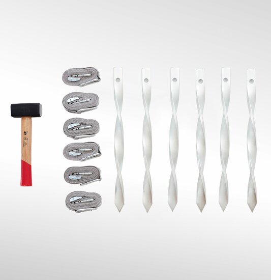 6er Befestigungskit mit Heringen, Spanngurten und Hammer.