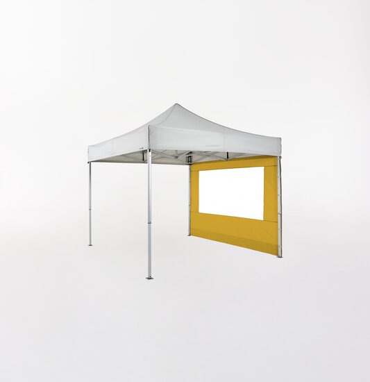 Weißer Faltpavillon 3x3 m mit gelber Seitenwand mit Fenster.