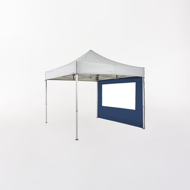 Gazebo pieghevole grigio chiaro 3x3 m con parete laterale blu scuro con finestra.